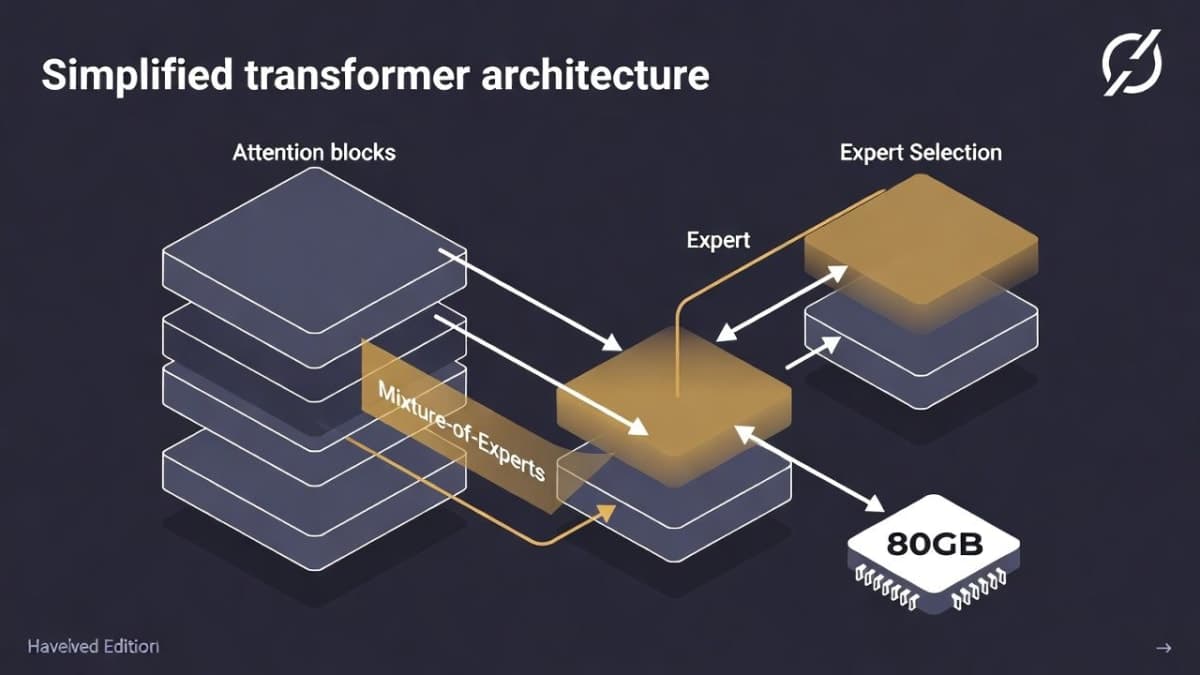 Simplified diagram of the GPT-OSS-20B Mixture-of-Experts transformer architecture with data flow paths highlighted in amber on a dark background