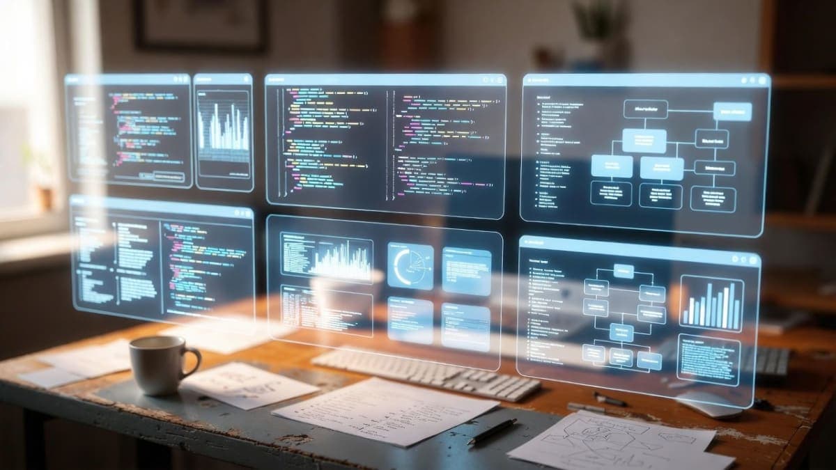 A modern workspace with floating holographic AI interface panels showing code and presentation slides