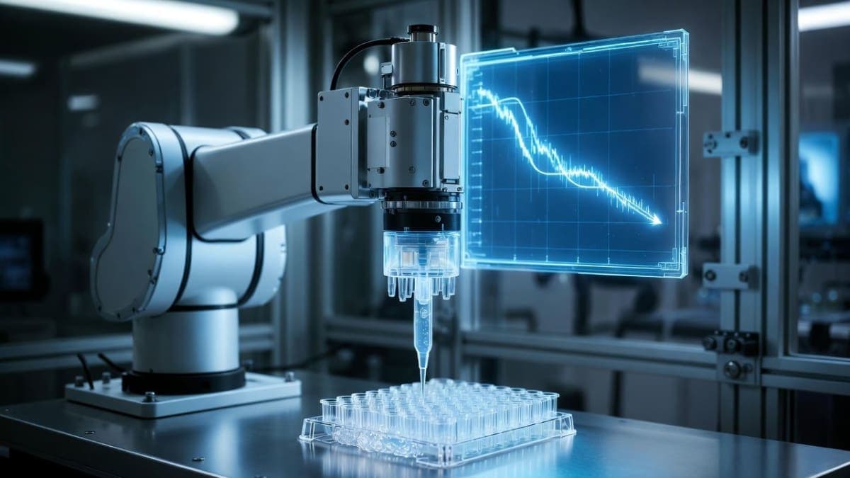 Robotic arm pipetting into a multiwell plate in an automated laboratory with data visualization overlay showing cost optimization