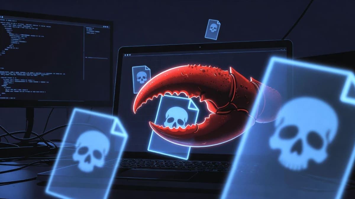Illustration of a glowing lobster claw emerging from a laptop screen, gripping markdown document icons with hidden skull watermarks, representing the ClawHub malware campaign targeting OpenClaw users.
