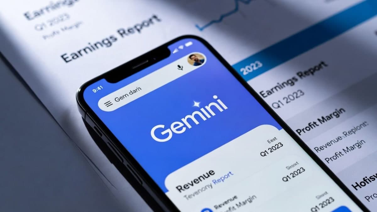 Smartphone displaying AI chatbot app on desk with financial report in background