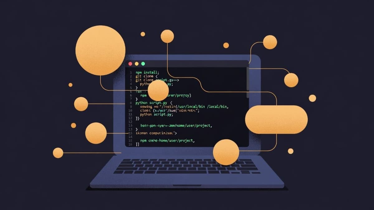 Illustration of a laptop displaying a terminal with connected agent nodes, representing multi-agent AI coding collaboration