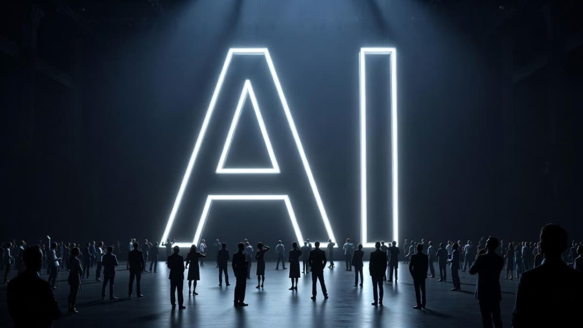 Glowing AI letters illuminated above a dark auction floor with silhouetted onlookers