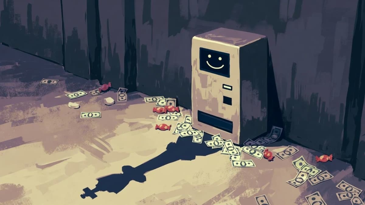 Illustration of a vending machine with a glowing screen casting a chess-piece-shaped shadow, surrounded by scattered money and candy wrappers