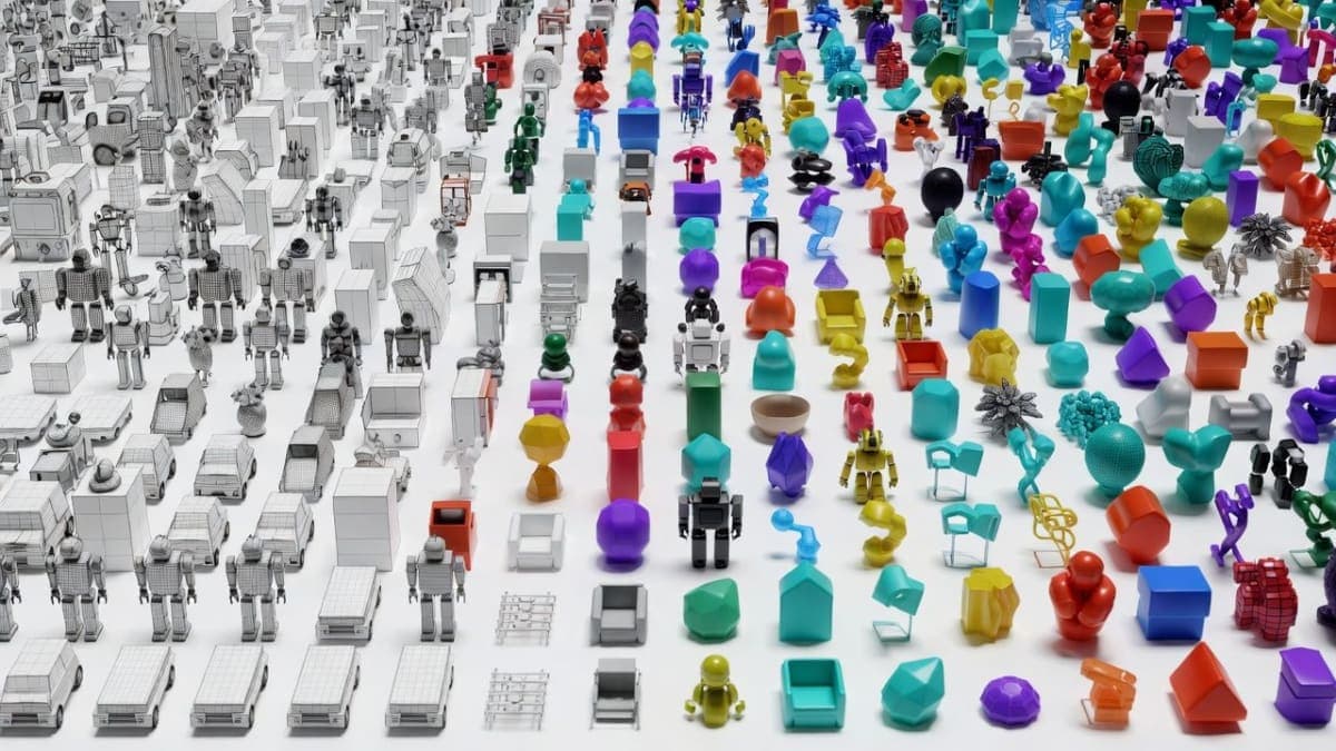 Grid of diverse 3D objects from wireframe to textured, representing the HY3D-Bench dataset