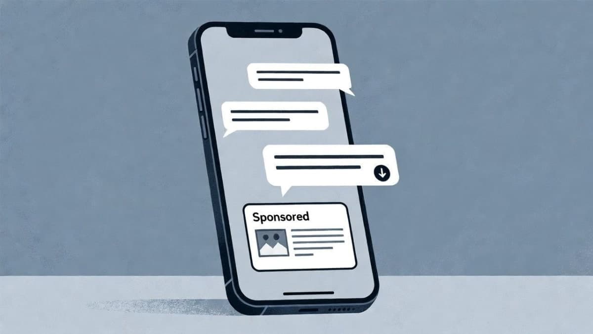 Illustration of a smartphone displaying an AI chat interface with a small sponsored ad card appearing below the conversation