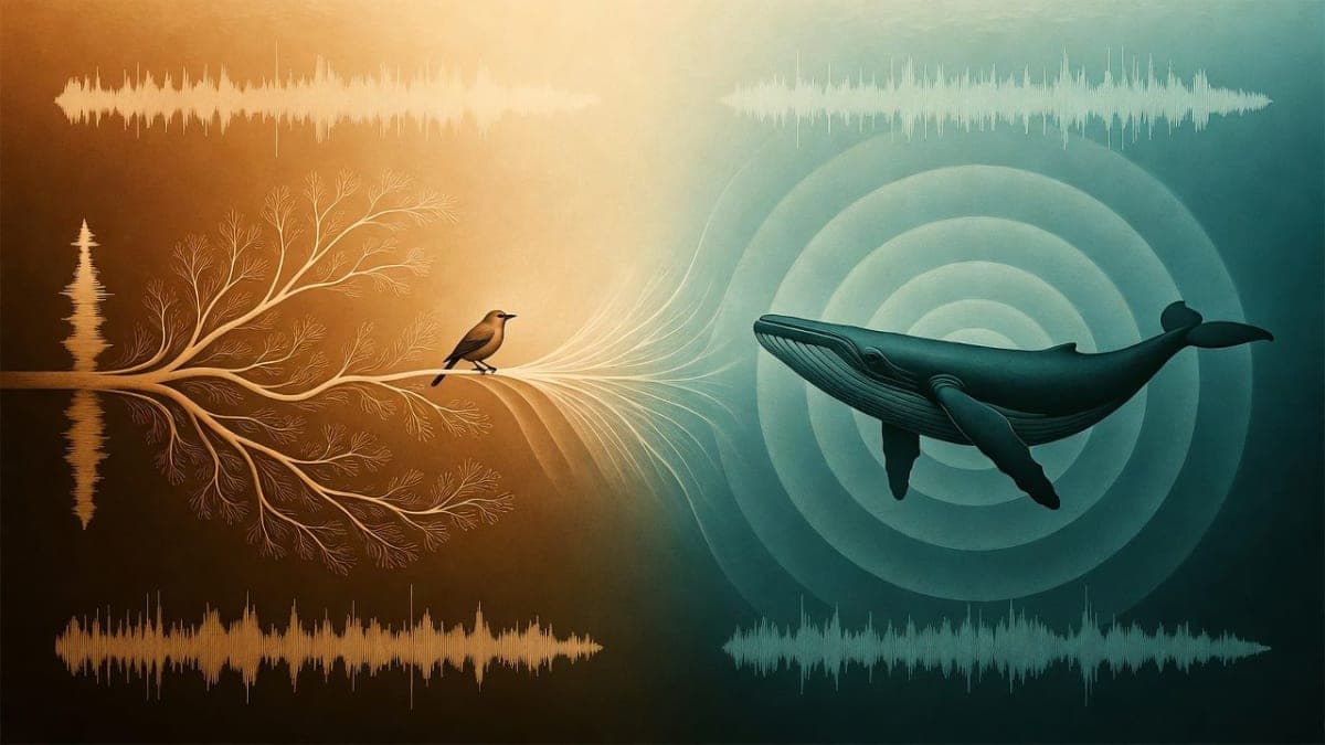 Illustration showing bird sound spectrograms transferring to underwater whale vocalizations, split between terrestrial and marine environments