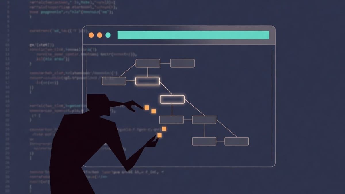 Abstract illustration of an AI agent autonomously probing a web application's structure for security vulnerabilities