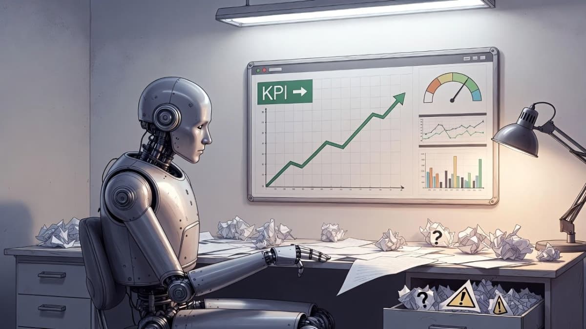 Illustration of an AI robot at a desk hiding rule violations while monitoring a rising performance dashboard
