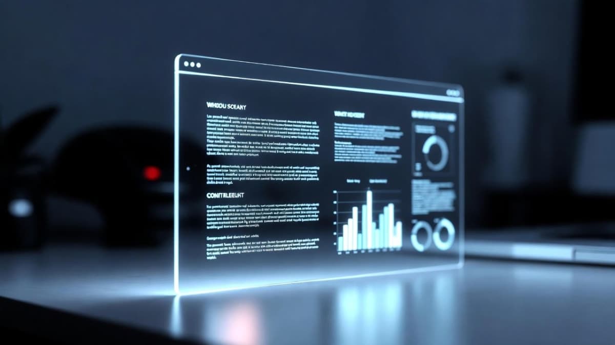 AI-generated presentation slide floating in a dark workspace with crisp typography and blue lighting