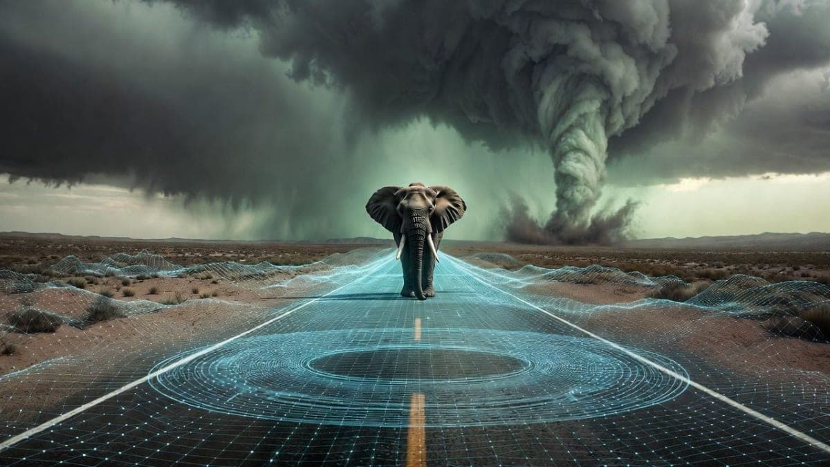 An autonomous vehicle's sensor view of an elephant on a desert highway with a tornado in the background, blending photorealistic imagery with digital lidar point cloud overlays.
