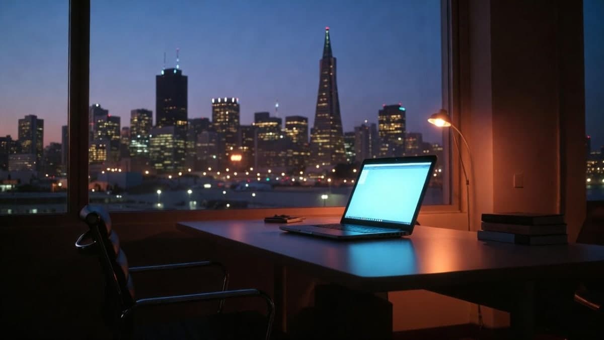 Empty desk with open laptop in a dim tech office overlooking the San Francisco skyline at dusk, symbolizing an AI researcher's departure