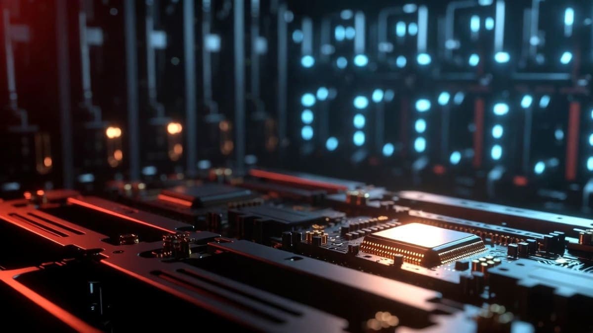 Close-up of server hardware with warm amber lighting on a processor chip, representing Zhipu AI's domestically manufactured computing infrastructure