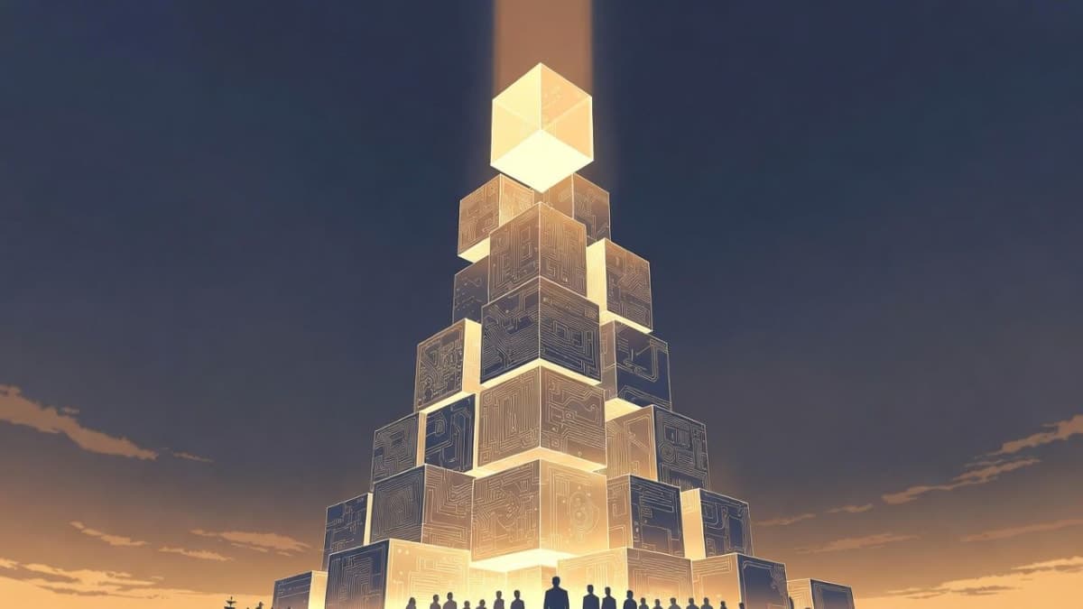 Abstract illustration of ascending glass blocks representing AI funding growth, with glowing circuit patterns and business figures at the base