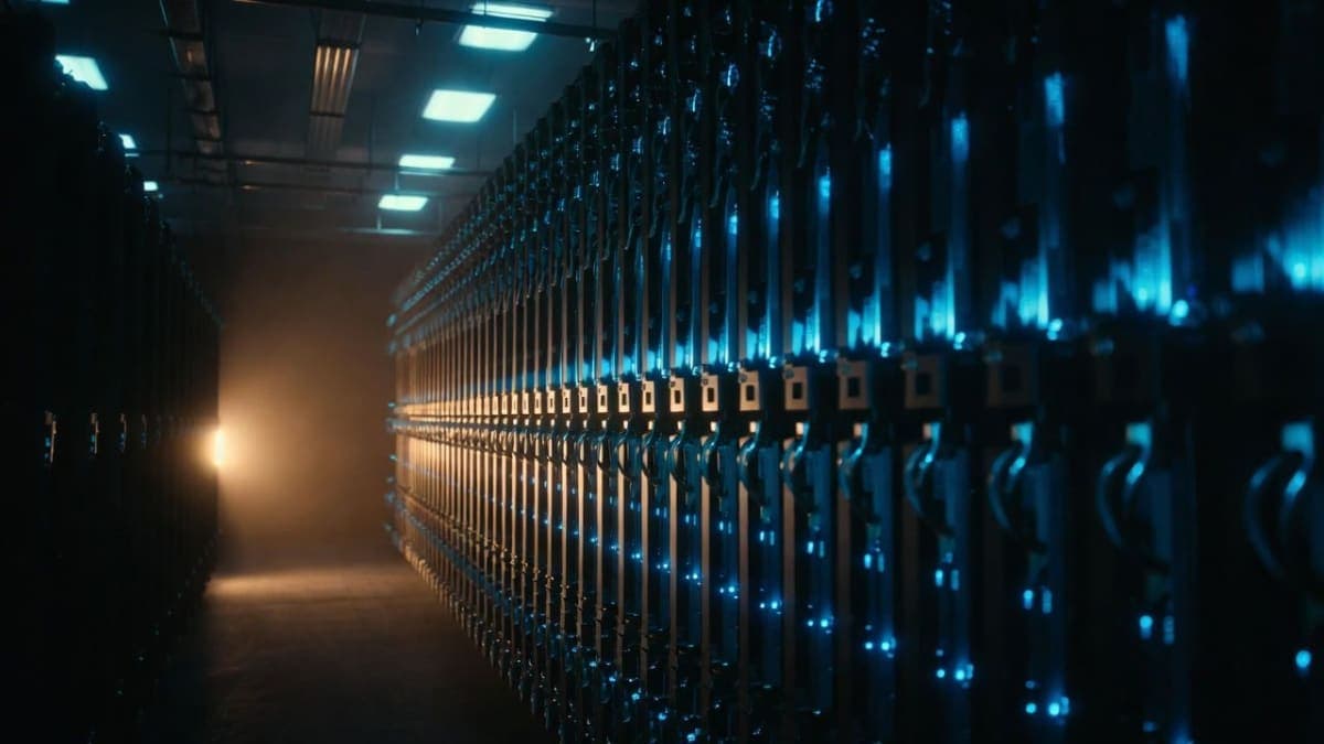 Abstract visualization of data center infrastructure with financial charts overlaid, showing exponential growth curves and risk indicators