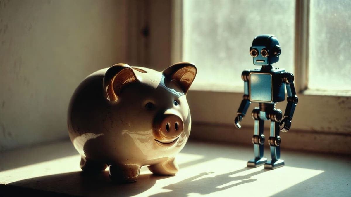 A humanoid robot sitting next to an elderly person on a park bench, with a piggy bank between them
