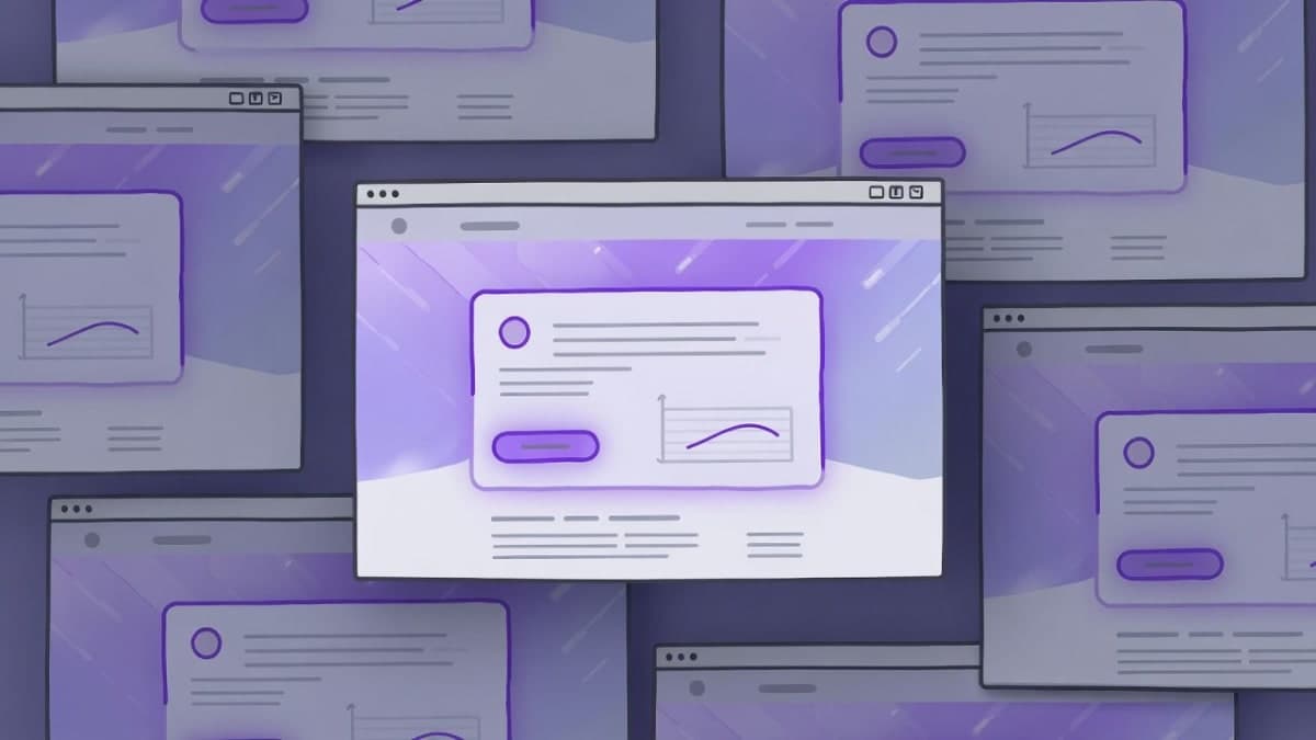 Grid of nearly identical purple-gradient SaaS landing pages generated by AI tools, blending together into visual uniformity