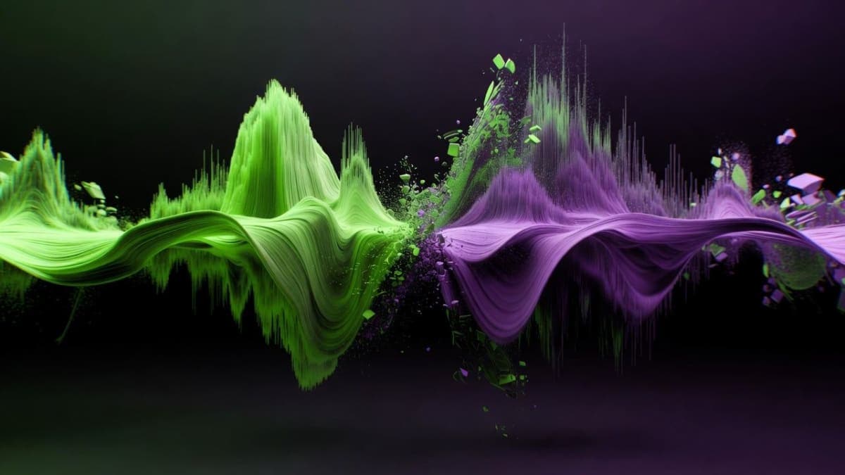 Abstract visualization of two overlapping audio waveforms representing simultaneous listening and speaking in full-duplex voice AI