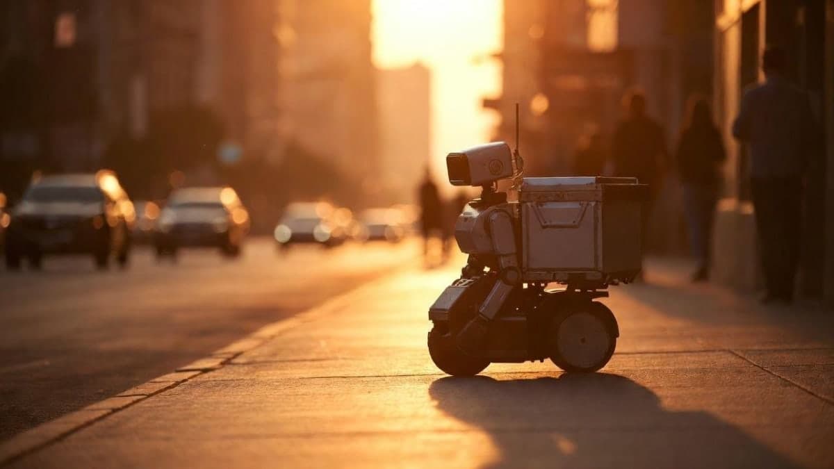 A small autonomous delivery robot on a city sidewalk with a person gesturing at it dismissively