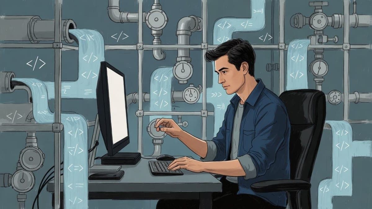 Split-screen illustration showing a software engineer designing scaffolding and feedback systems on one side, with AI code generation flowing on the other
