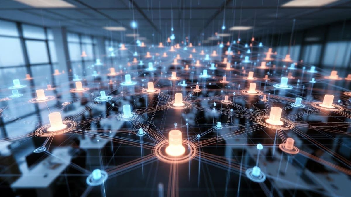 Abstract visualization of interconnected decision nodes forming a network graph with temporal layers showing organizational knowledge flow