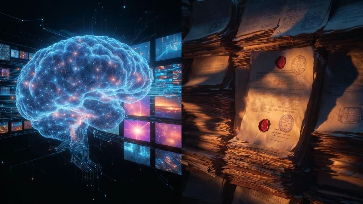 Abstract visualization of AI-generated video frames colliding with film studio copyright symbols