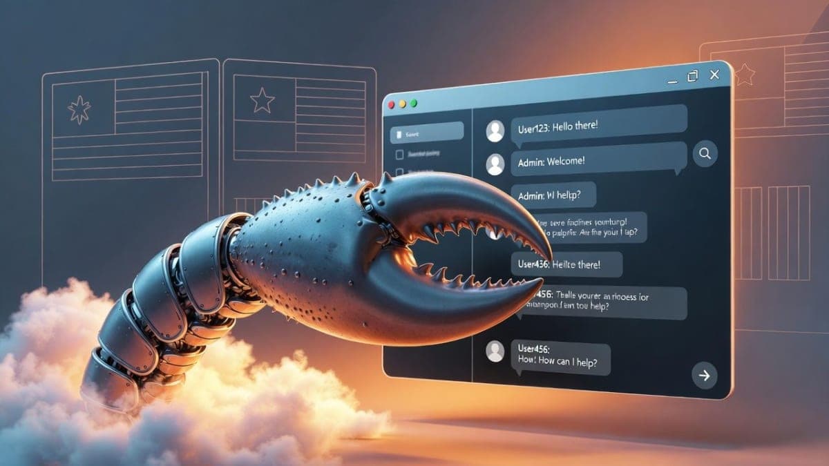 A glowing lobster claw icon floating above a cloud server rack, with browser windows and messaging app interfaces surrounding it