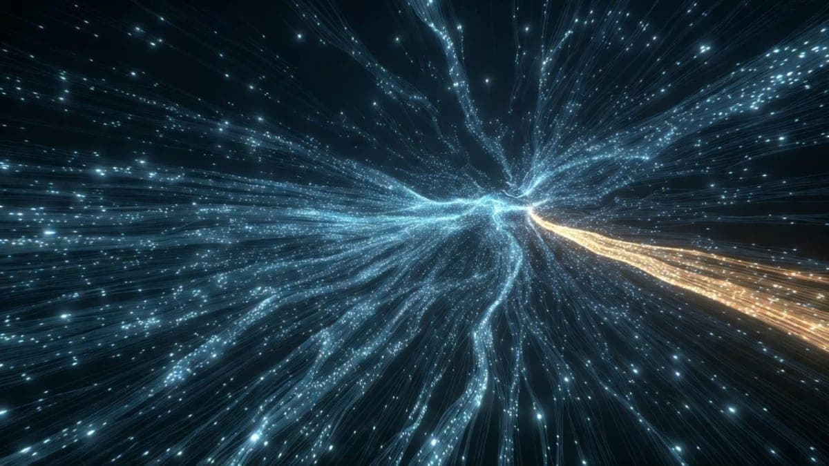 Abstract visualization of gluon particle interactions represented as colorful energy streams converging in a half-collinear alignment pattern