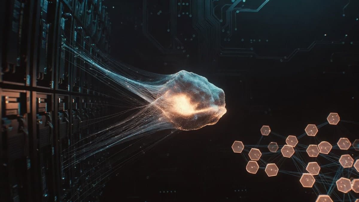 Abstract digital illustration of an autonomous AI agent represented as a glowing node connected to blockchain networks and server infrastructure