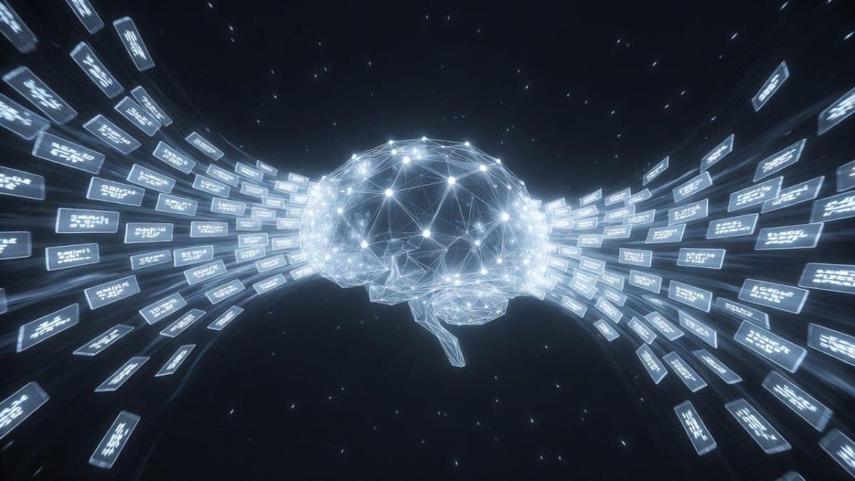 Abstract visualization of mirrored text streams flowing into a neural network, with the second stream illuminated to show enhanced connections between tokens