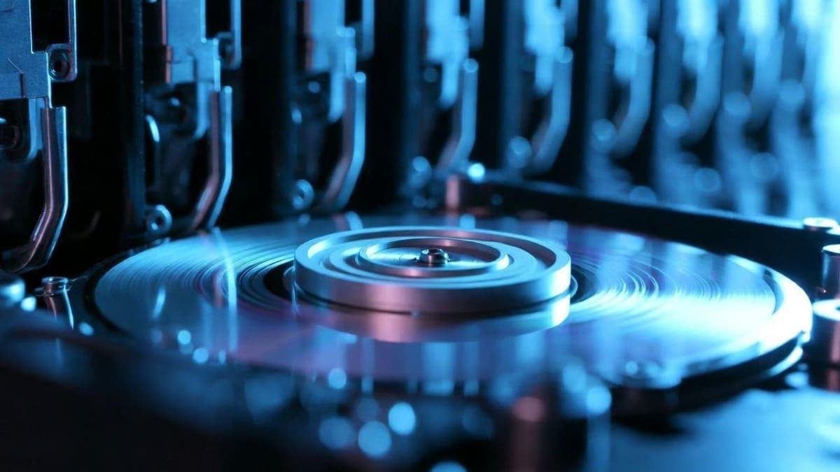 Rows of hard disk drives in a data center rack with blue LED status lights glowing