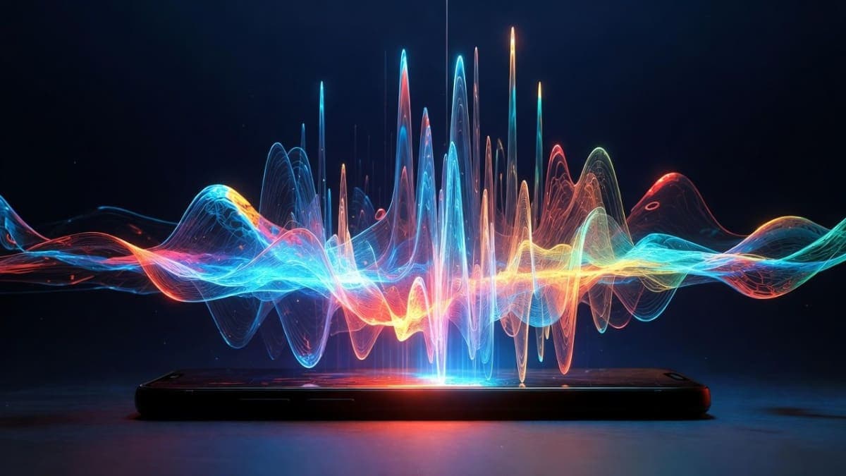 Abstract visualization of sound waves transforming from a text prompt into colorful musical notation against a dark background