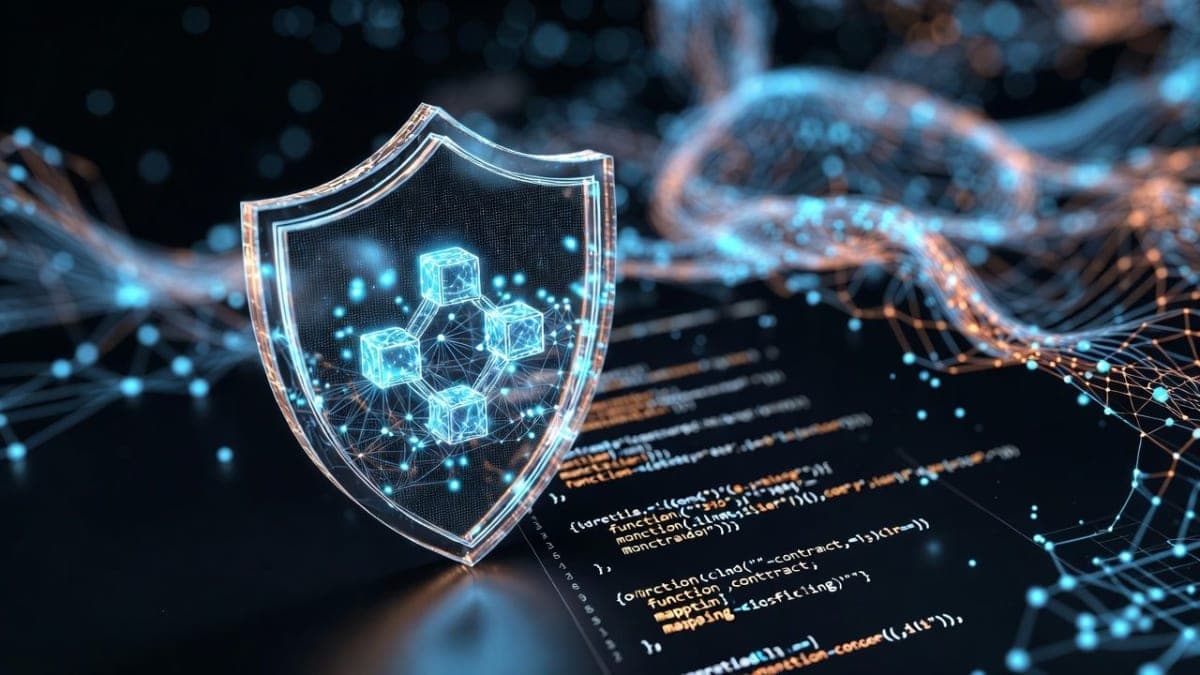Abstract visualization of blockchain smart contract code being analyzed by an AI system, with highlighted vulnerability nodes