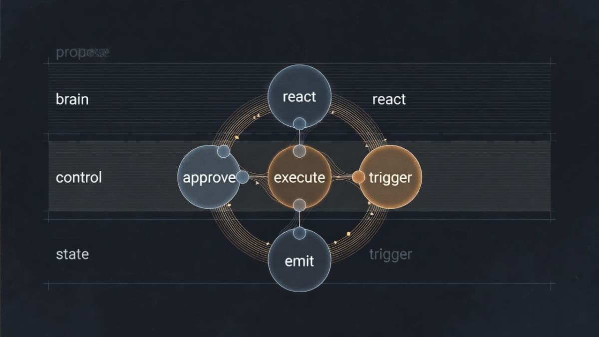 Diagram showing a circular loop between proposal, approval, execution, event emission, and trigger stages connecting three infrastructure layers
