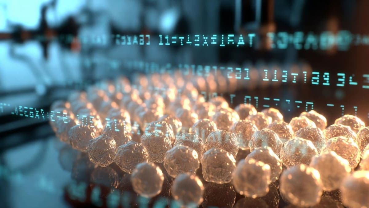 Microscopic view of industrial yeast cells producing proteins, with an abstract DNA double helix overlay