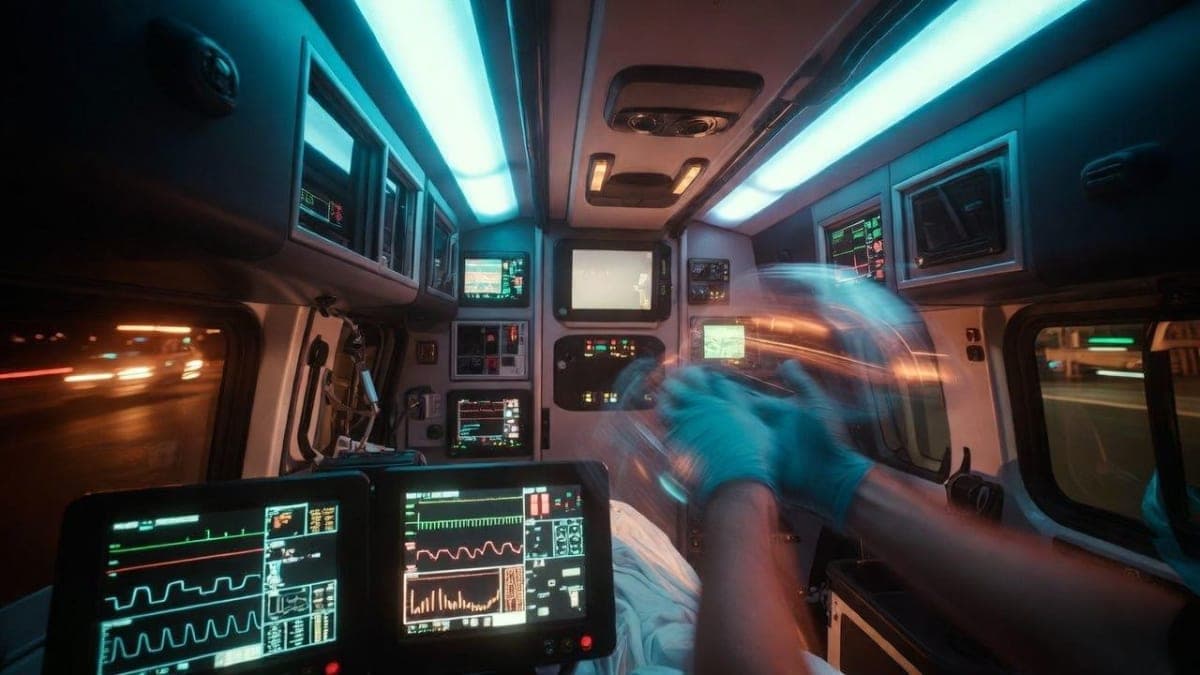 Paramedic team inside an ambulance monitoring patient vital signs on digital equipment during emergency transport