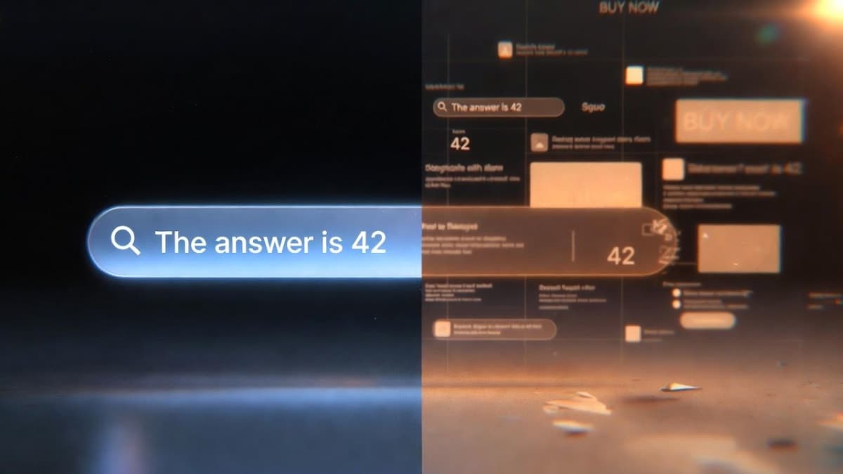 Split screen showing an AI search interface, one side clean and minimal, the other cluttered with sponsored content labels