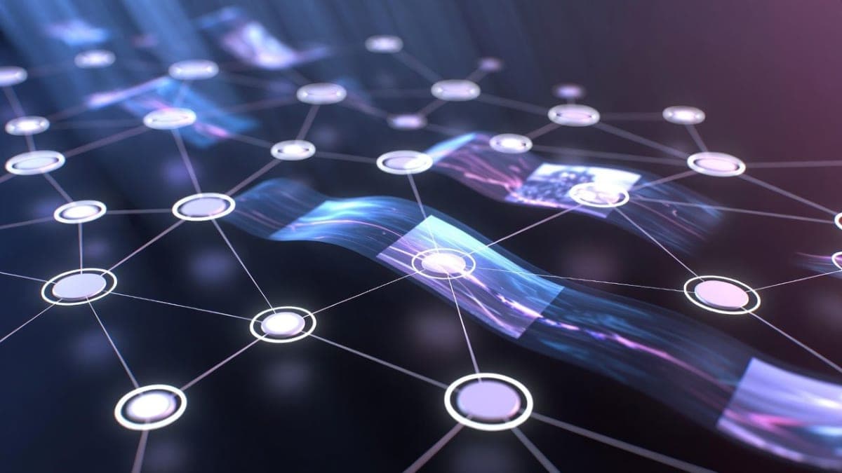 Abstract visualization of AI video generation nodes connected in a workflow interface with video frames flowing between them