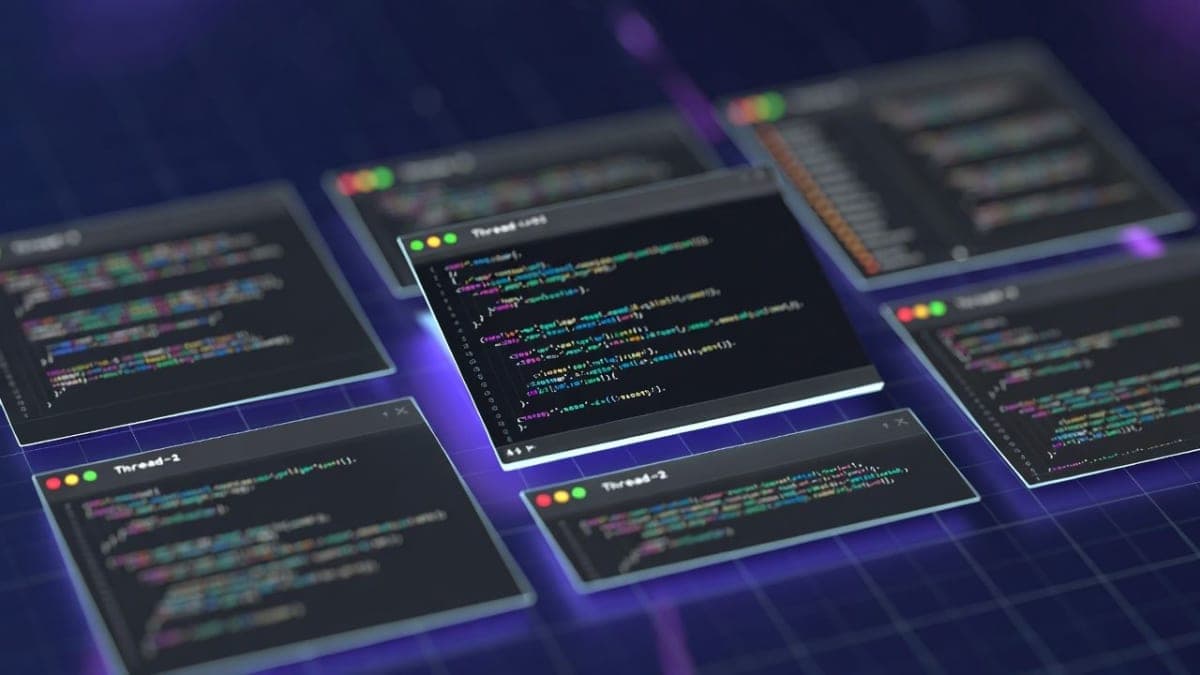 Terminal window showing multiple parallel coding agent threads running simultaneously with status indicators