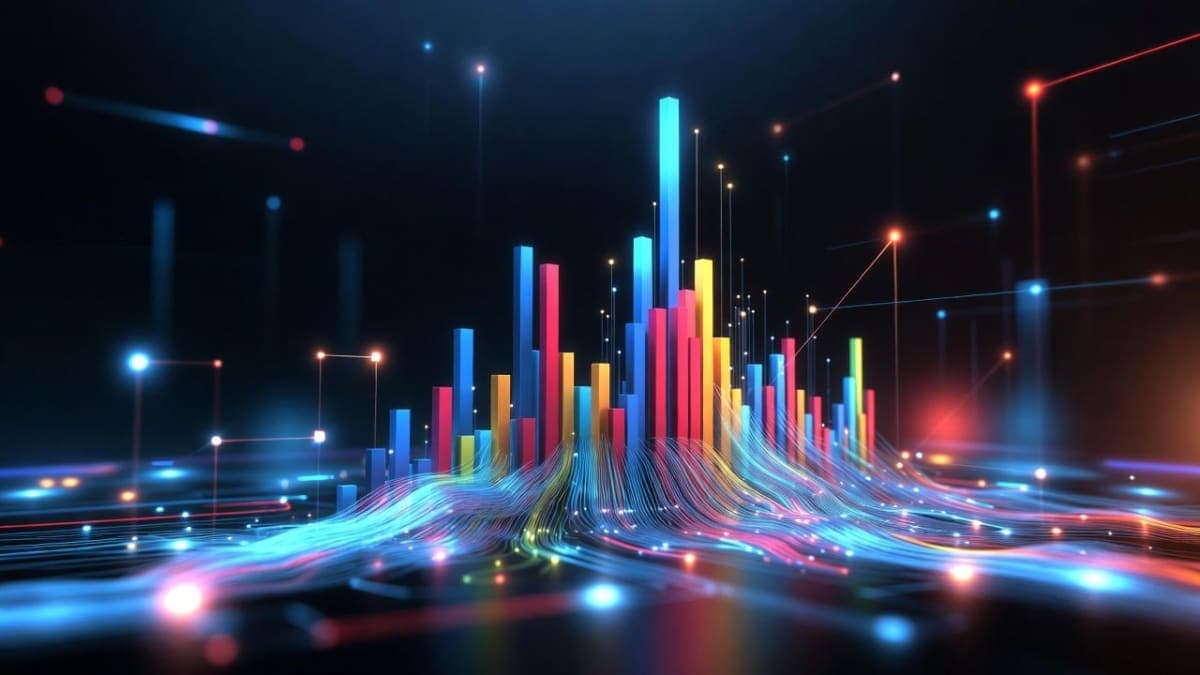 Abstract visualization of competing AI model benchmark scores displayed as overlapping data streams in blue and green tones