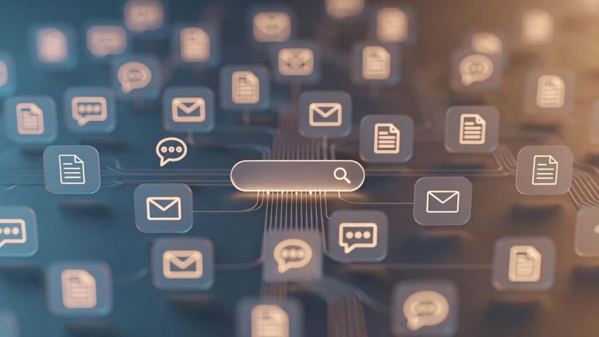 Abstract visualization of enterprise data streams converging into a unified search interface, representing AI-powered workplace search consolidation