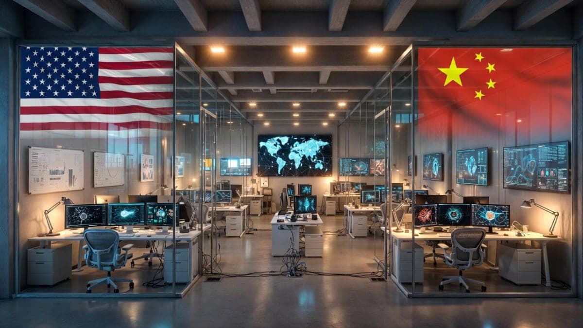 ByteDance office building with AI research lab interior visible through glass walls, researchers working at computer stations