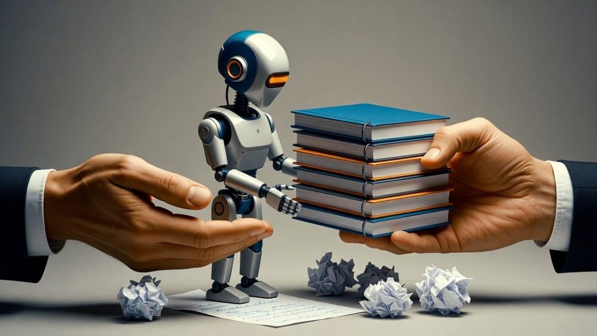 Abstract visualization of structured knowledge documents flowing into an AI agent interface, with some paths highlighted green for success and others red for failure