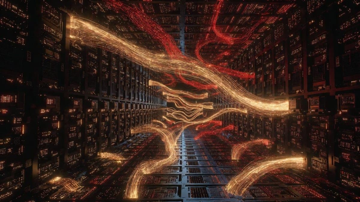 Abstract visualization of financial data streams and server infrastructure representing massive AI compute spending