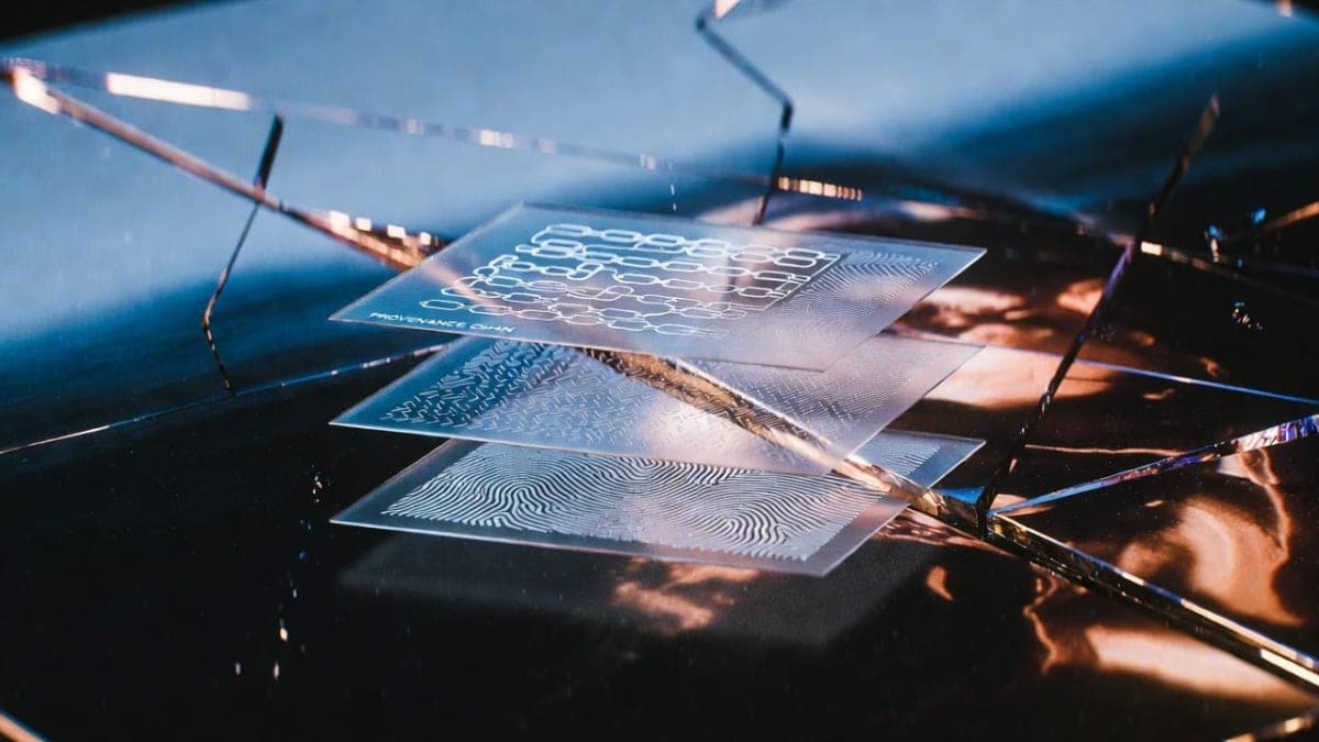 Layered digital verification signals overlaid on a photograph, with provenance metadata, watermark icons, and fingerprint hash patterns partially obscuring the original image