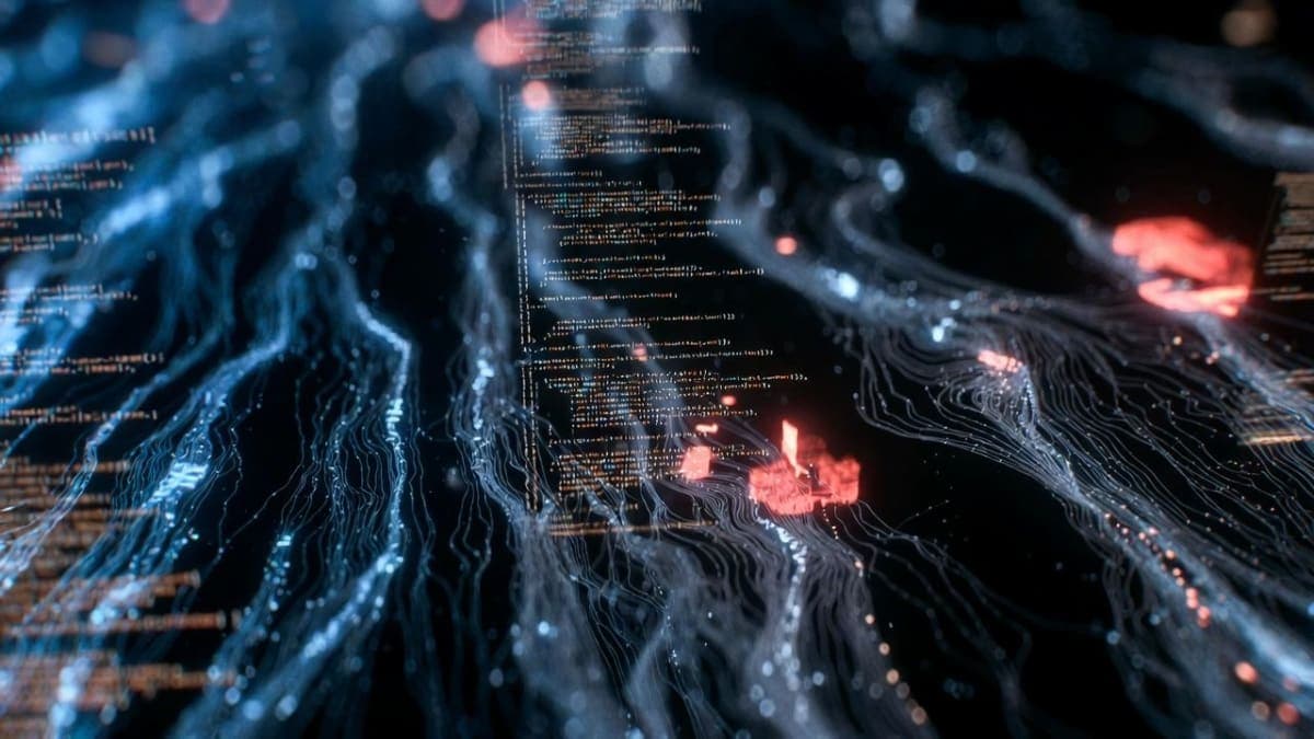 Abstract visualization of code being scanned by AI, with highlighted vulnerability patterns across interconnected software components