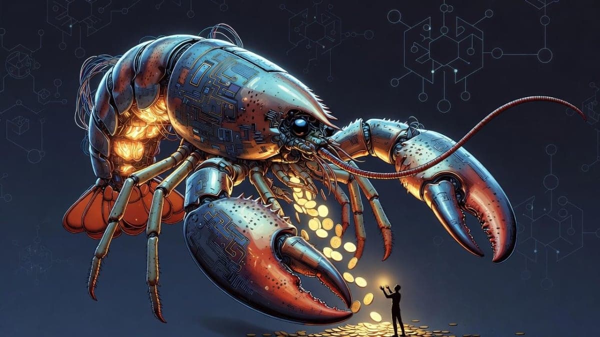 Abstract illustration of an AI chatbot character accidentally dropping gold coins into outstretched hands on a blockchain network