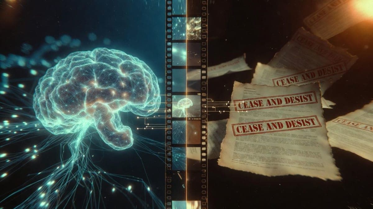 Abstract visualization of a video generation interface with legal documents and warning symbols overlaid on a digital filmstrip