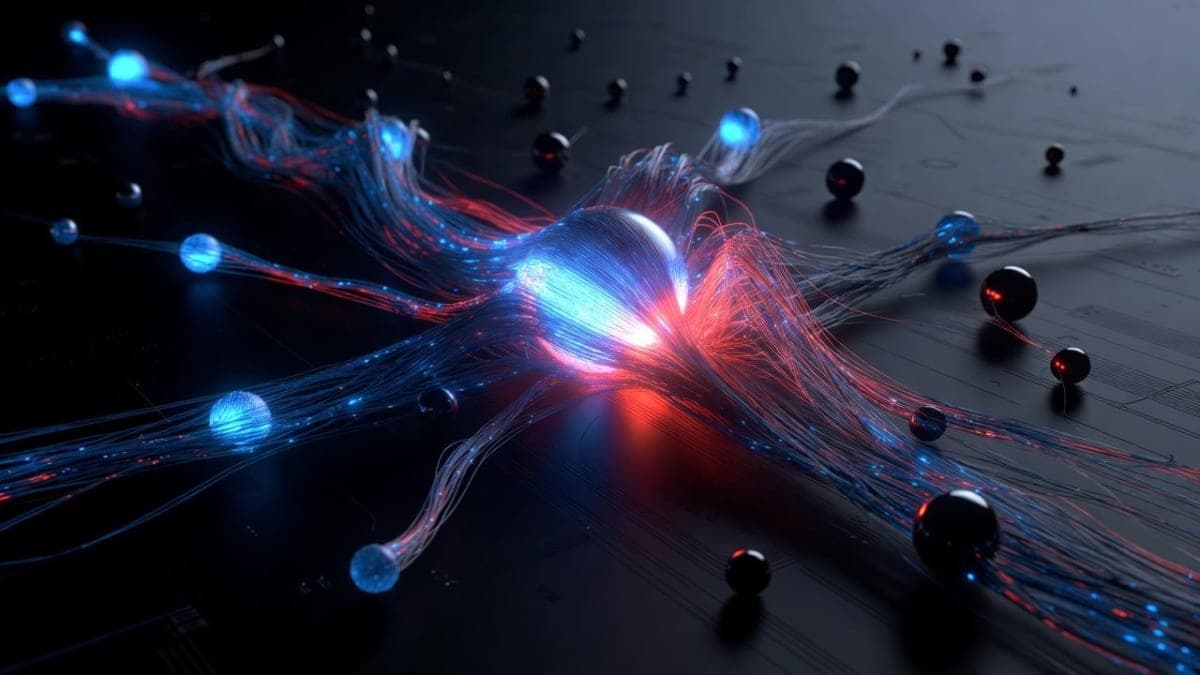 Digital network visualization showing data flowing between interconnected nodes against a dark background, representing AI model extraction