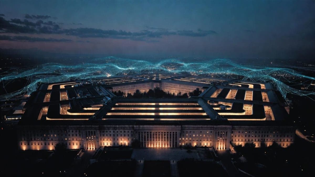 The Pentagon building seen from above with an overlay of abstract AI circuit patterns